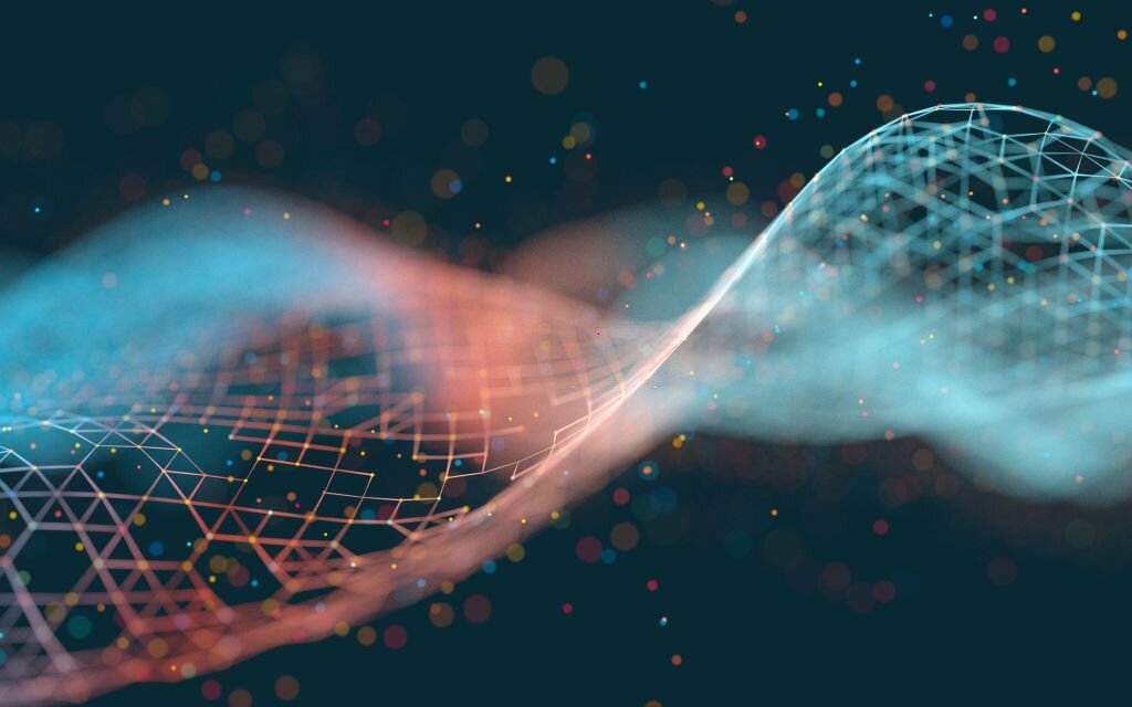 Abstract glowing particle wave on a dark background